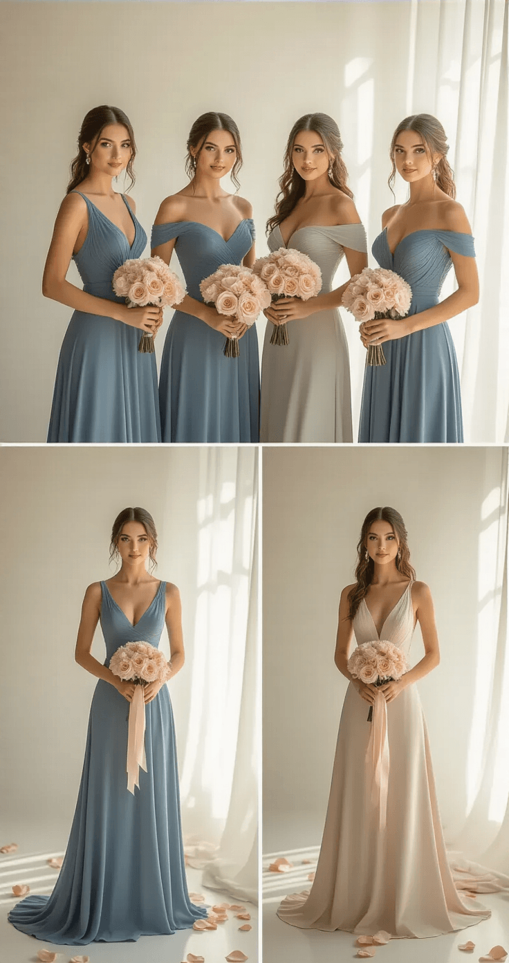 Four female models in dusty blue bridesmaid dresses with A-line, mermaid, off-shoulder, and halter necklines, posed elegantly against a minimalist white backdrop scattered with rose petals, holding blush pink bouquets and wearing pearl jewelry, captured in soft natural lighting during golden hour.
