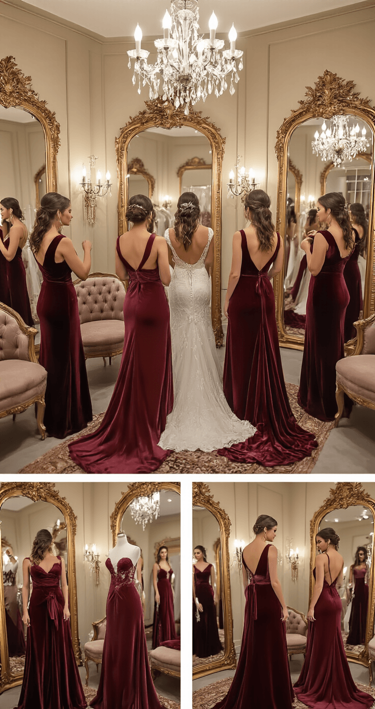 Sophisticated bridal boutique featuring bridesmaids trying on burgundy dresses in various textures, surrounded by vintage mirrors and elegant lighting, with plush seating and rich jewel-tone fabrics on display.