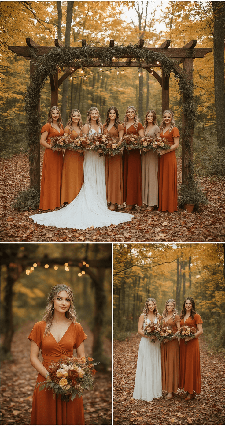 A rustic outdoor wedding venue featuring a wooden arbor adorned with string lights, surrounded by a natural woodland setting with scattered autumn leaves. Bridesmaids in flowing wrap dresses showcase a palette of burnt orange, rust, and terracotta, holding matching seasonal flower bouquets. The warm colors are complemented by brown leather accessories and cognac-colored heels, illuminated by soft late afternoon sunlight.