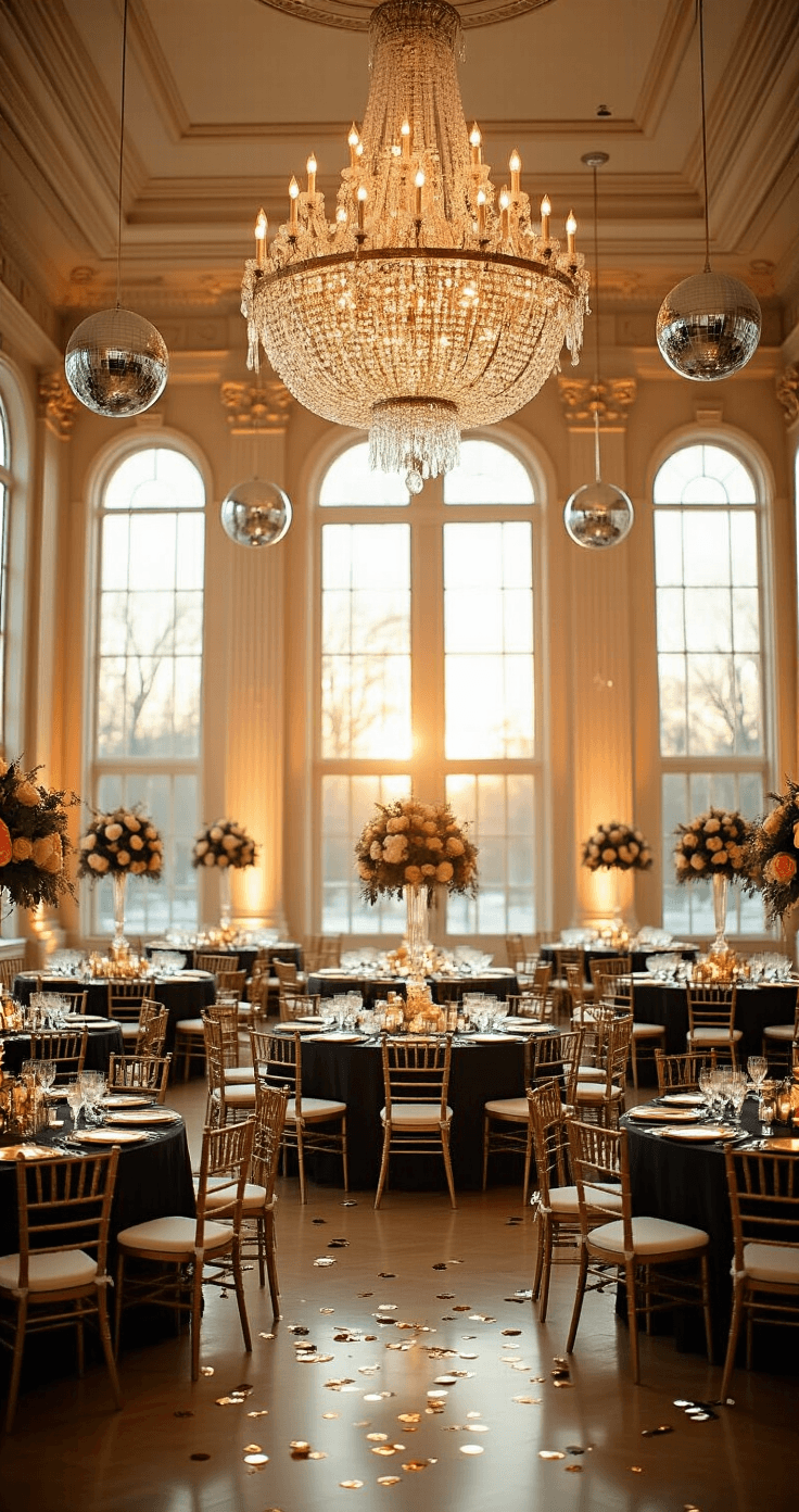 I Threw a New Year's Eve Wedding and Here's Everything You Need to Know A luxurious wedding reception in a grand ballroom, illuminated by warm golden hour light, featuring crystal chandeliers, disco balls, round tables with black linens and gold accents, tall floral centerpieces, and a glowing champagne tower, evoking an elegant New Year's Eve atmosphere.