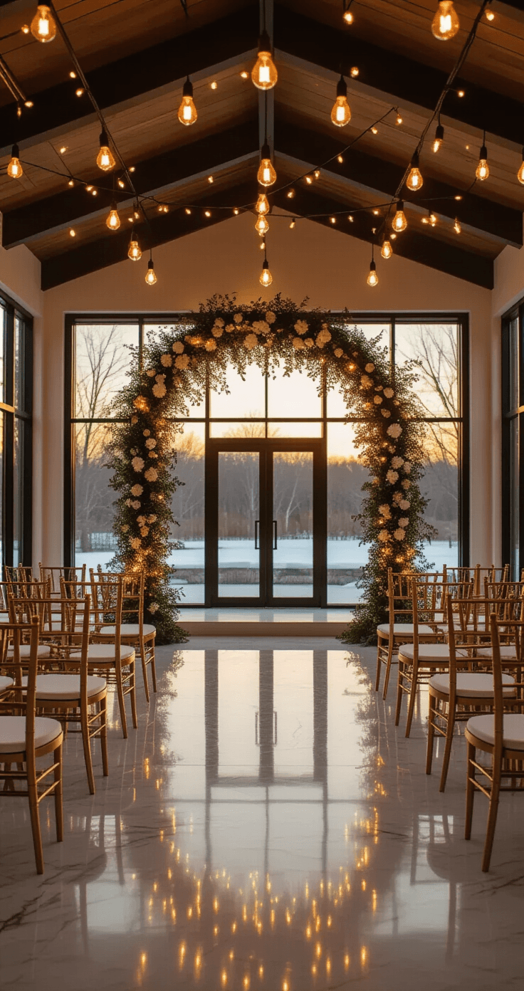 I Threw a New Year's Eve Wedding and Here's Everything You Need to Know Intimate wedding ceremony setup in a modern venue at golden hour, featuring a decorated arch with LED string lights, polished marble floors, vintage Edison bulb lighting, gold chiavari chairs, and a dusky winter sky visible through floor-to-ceiling windows.