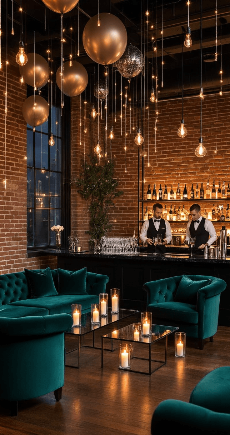 I Threw a New Year's Eve Wedding and Here's Everything You Need to Know A luxurious cocktail lounge featuring plush velvet seating in deep emerald and midnight blue, low glass tables with flickering candles, exposed brick walls with string lights, a sleek black granite bar, and servers in black uniforms, all illuminated by warm ambient lighting in a festive New Year's Eve atmosphere.