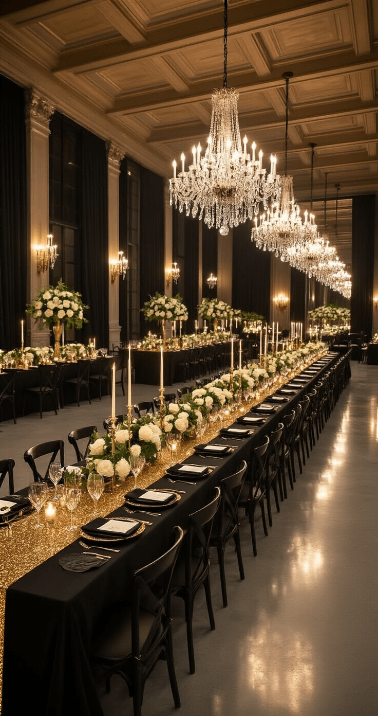 I Threw a New Year's Eve Wedding and Here's Everything You Need to Know An elegant dining room at dusk featuring long tables with black linens and gold sequined runners, illuminated by chandeliers and uplighting, adorned with gold-rimmed glassware, candelabras, and white roses, all reflected in polished concrete floors and mirrors.