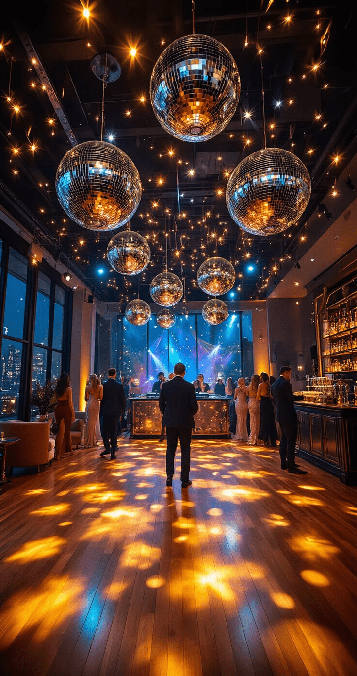 I Threw a New Year's Eve Wedding and Here's Everything You Need to Know A lively dance floor scene at night featuring a DJ booth adorned with metallic streamers, guests in formal attire dancing under twinkling LED stars and disco balls, with polished hardwood floors and a cityscape view through modern windows.