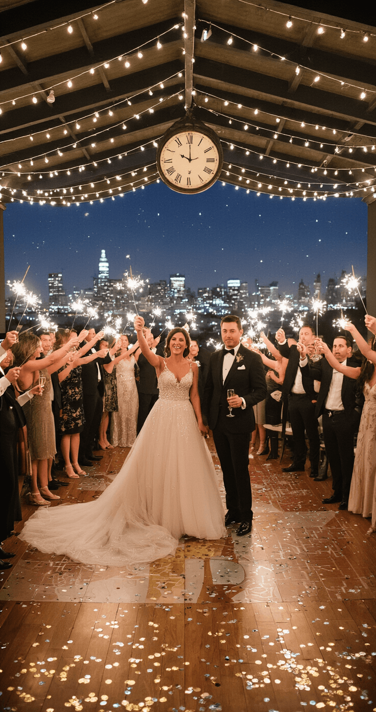 I Threw a New Year's Eve Wedding and Here's Everything You Need to Know A joyful wedding countdown at midnight, with guests holding sparklers and champagne flutes on a decorated terrace under string lights, a vintage clock showing 11:59, and the bride in a beaded gown and groom in a black tuxedo amidst a circle of friends and family.