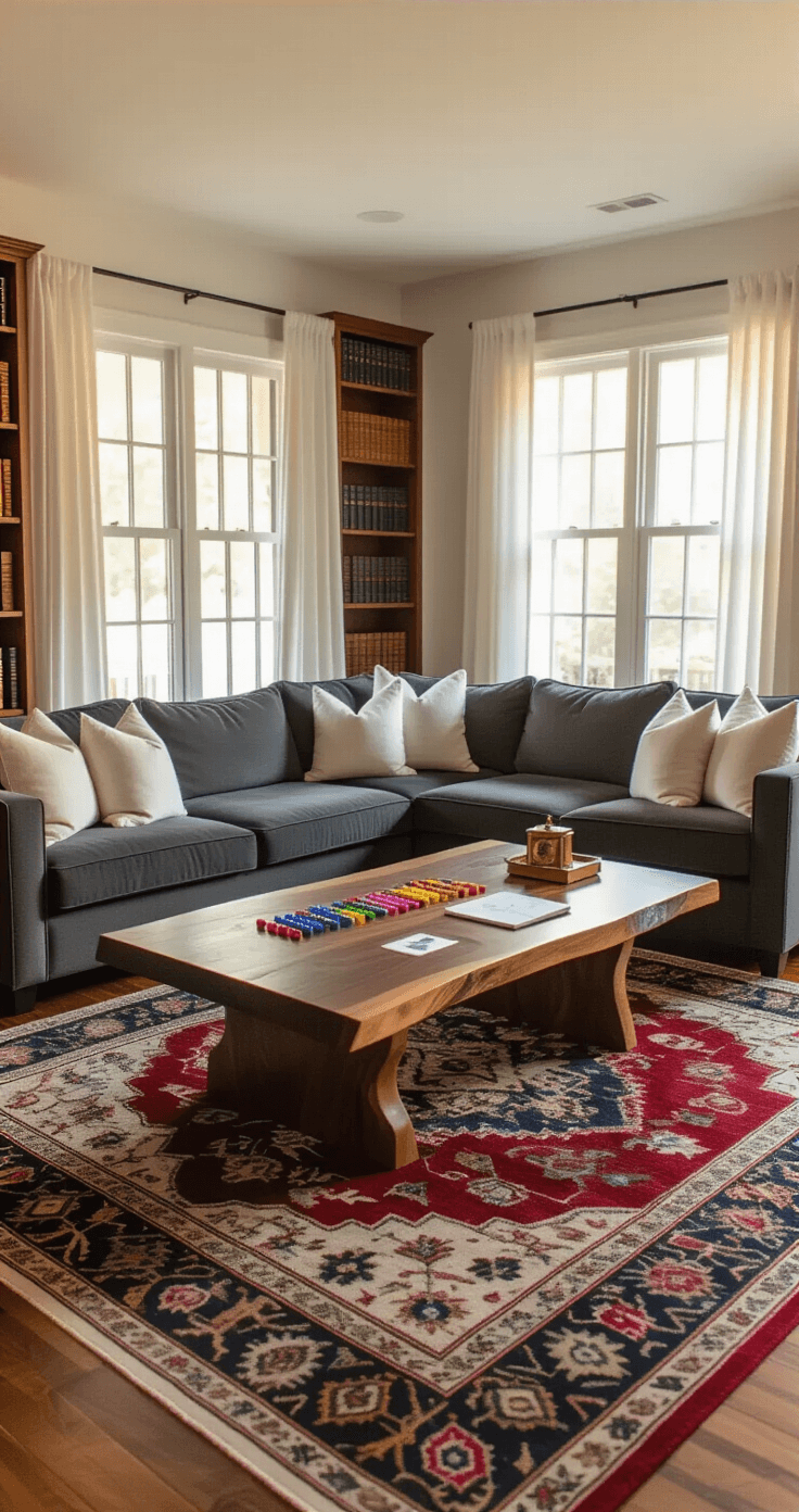 The Ultimate Newlywed Game Questions Guide: Testing How Well You Really Know Your Partner A cozy living room with a charcoal gray sectional sofa, cream throw pillows, and a live-edge walnut coffee table, illuminated by golden hour light through sheer white curtains. The room is set for a newlywed game night, featuring colorful gel pens, small white dry-erase boards, and a vintage brass timer on the table. Rich hardwood floors with a deep burgundy and navy Persian rug enhance the inviting atmosphere, while built-in bookshelves and warm Edison bulb lamps create an intimate setting for seated couples.