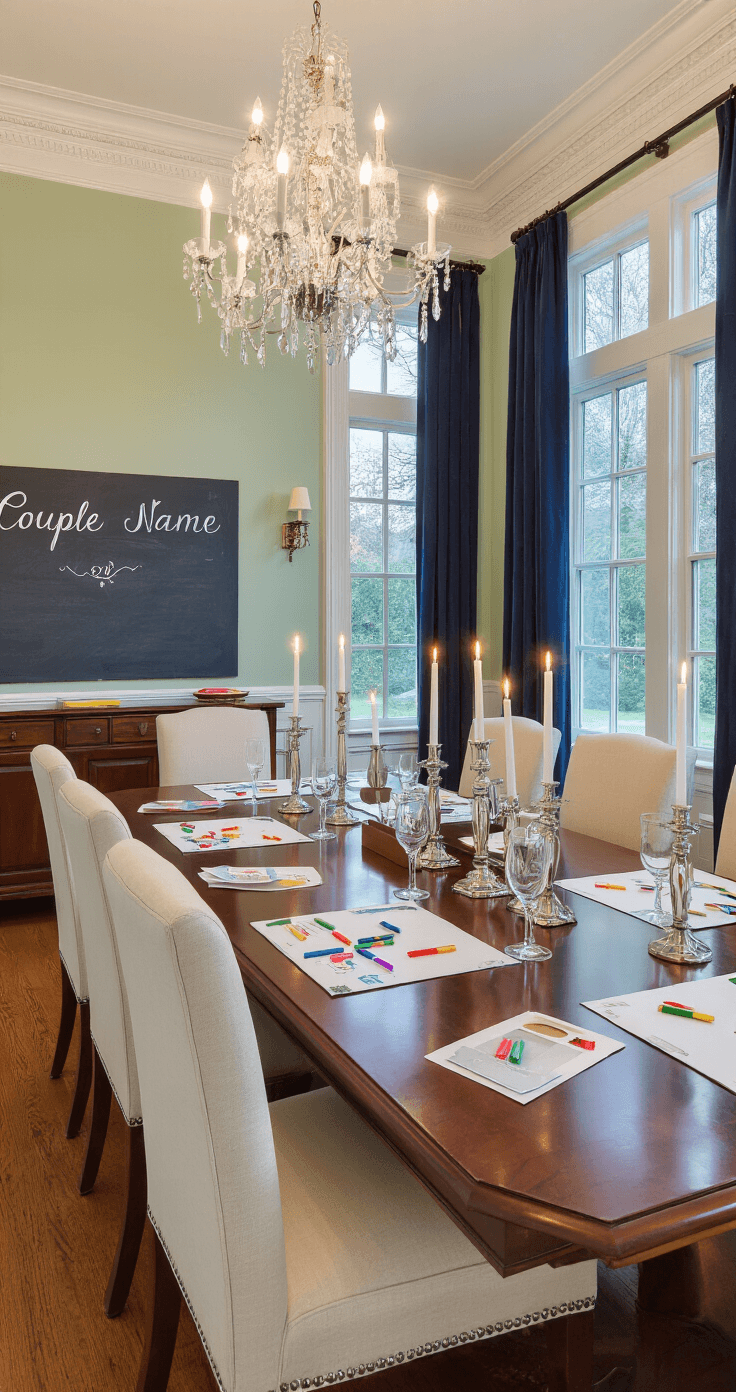 The Ultimate Newlywed Game Questions Guide: Testing How Well You Really Know Your Partner An elegant dining room transformed into a game space with a long mahogany table set for eight, featuring colorful markers, small whiteboards, and printed question cards. The room, with soft sage green crown molding and wainscoting, is warmly lit by a crystal chandelier and silver candelabras, while fresh white peonies in a silver bowl serve as a centerpiece. Navy curtains frame tall windows, creating a sophisticated yet playful atmosphere during the blue hour.