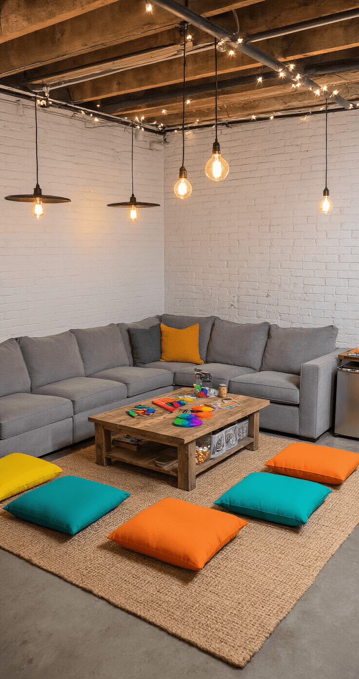 The Ultimate Newlywed Game Questions Guide: Testing How Well You Really Know Your Partner A cozy basement family room with white exposed brick walls, industrial lighting, and a large gray sectional couch around a rustic wood coffee table, accented by colorful floor cushions, game materials, and a snack station, creating a relaxed, inviting atmosphere.