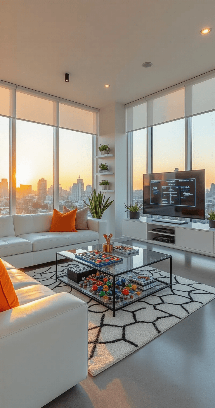 The Ultimate Newlywed Game Questions Guide: Testing How Well You Really Know Your Partner A modern apartment living space during golden hour, featuring floor-to-ceiling windows, a sleek white leather sectional, a glass coffee table with game supplies, polished concrete floors with a geometric rug, floating shelves with succulents, a wall-mounted smart TV, and track lighting in a sophisticated, contemporary setting.