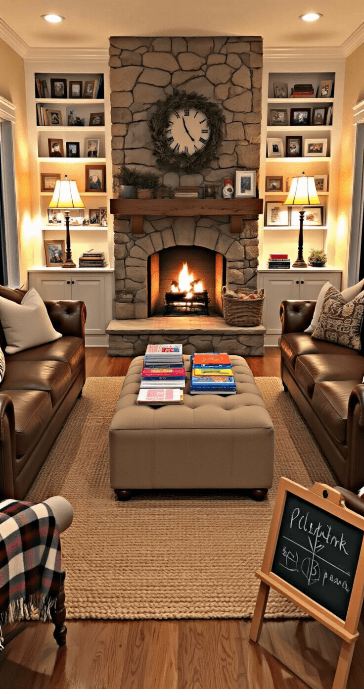 The Ultimate Newlywed Game Questions Guide: Testing How Well You Really Know Your Partner A warm and inviting family room with a stone fireplace, built-in bookshelves, cozy leather furniture arranged around an ottoman, and a braided wool rug, illuminated by soft lamp lighting, perfect for intimate gatherings.
