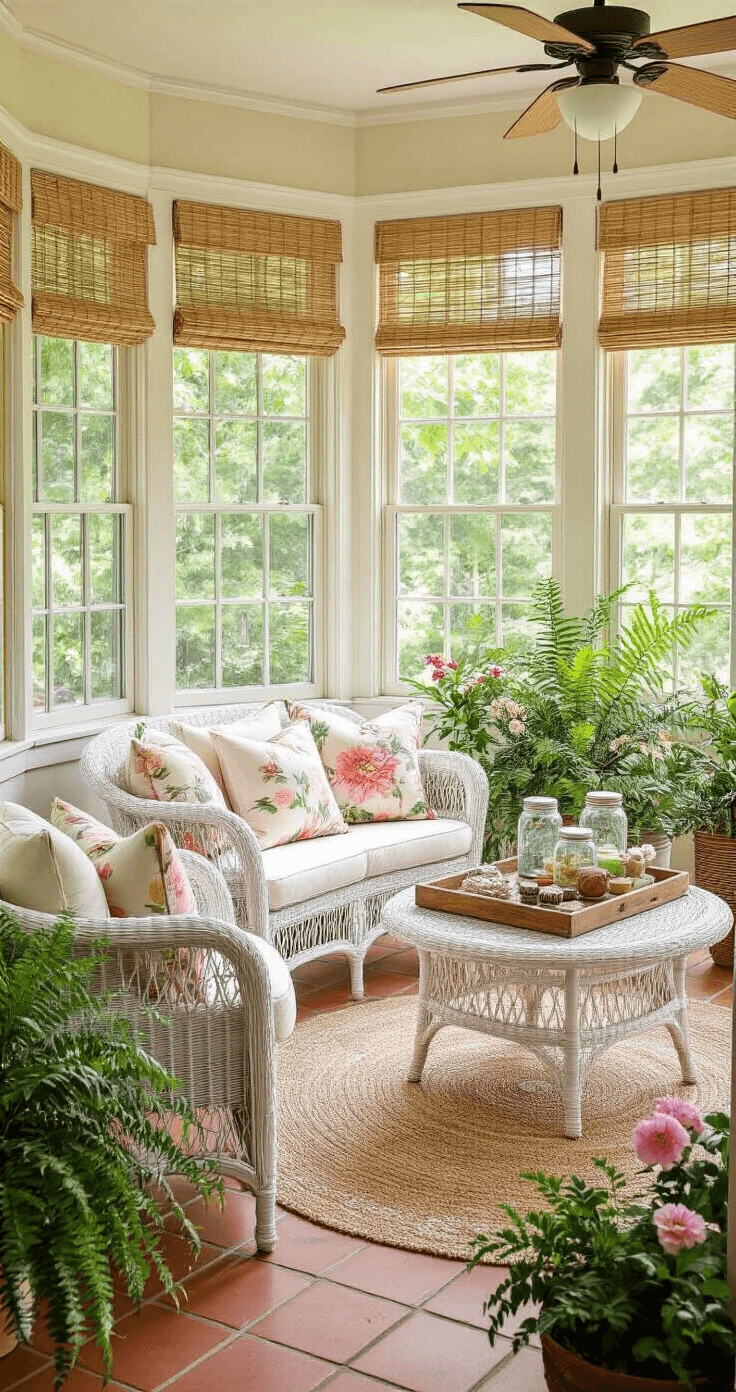 The Ultimate Newlywed Game Questions Guide: Testing How Well You Really Know Your Partner A sunroom with floor-to-ceiling windows, featuring white wicker furniture with floral cushions, game materials in mason jars, potted plants, and terracotta tile flooring, illuminated by golden afternoon light.