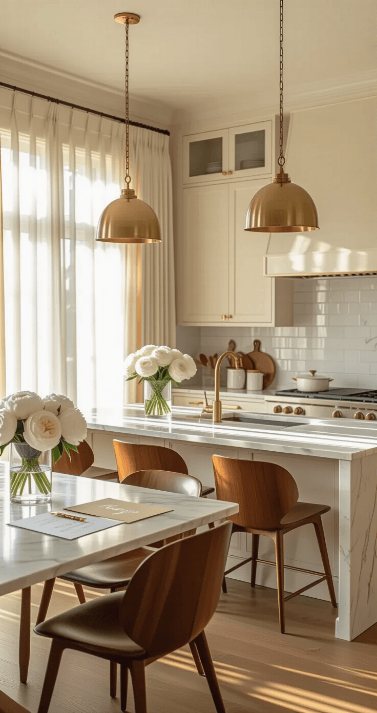 Getting Married Without the Chaos: How to Politely Tell Guests Your Wedding is Adults-Only Elegant kitchen interior featuring a marble-topped center island surrounded by mid-century modern dining chairs, illuminated by warm brass pendant lights, with wedding planning materials arranged on the island and natural light streaming through sheer curtains.