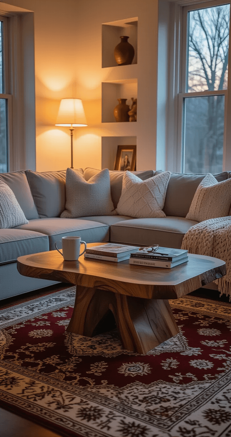 Getting Married Without the Chaos: How to Politely Tell Guests Your Wedding is Adults-Only Cozy living room vignette featuring a gray sectional sofa, live-edge walnut coffee table with wedding planning books and a coffee mug, rich Persian rug, and warm lamplight illuminating textured pillows and family photos during the blue hour.