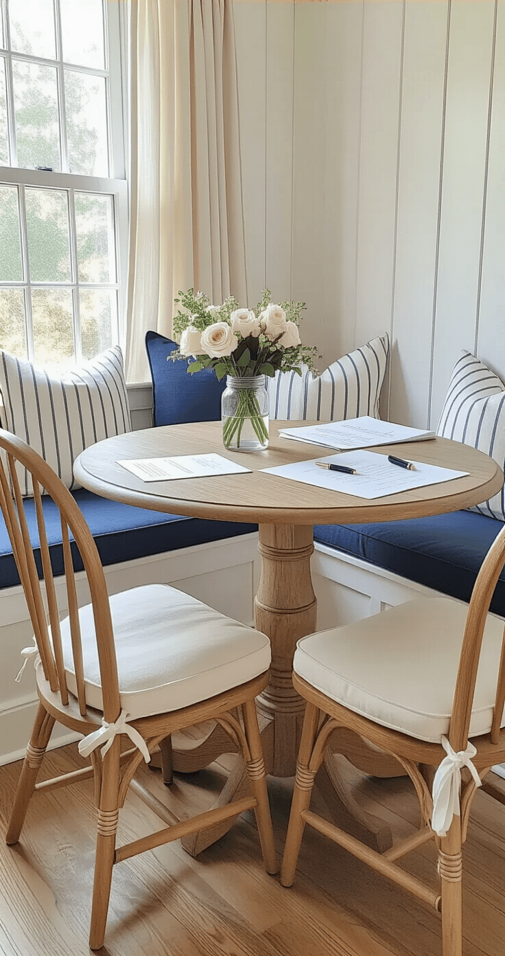 Getting Married Without the Chaos: How to Politely Tell Guests Your Wedding is Adults-Only Bright breakfast nook with a round weathered oak table surrounded by Windsor chairs, featuring wedding RSVP cards and a bouquet of garden roses. A built-in banquette with navy blue cushions is lined with striped pillows, and warm white shiplap wainscoting enhances the cottage-style decor. Morning light filters through cafe curtains, creating an airy atmosphere.