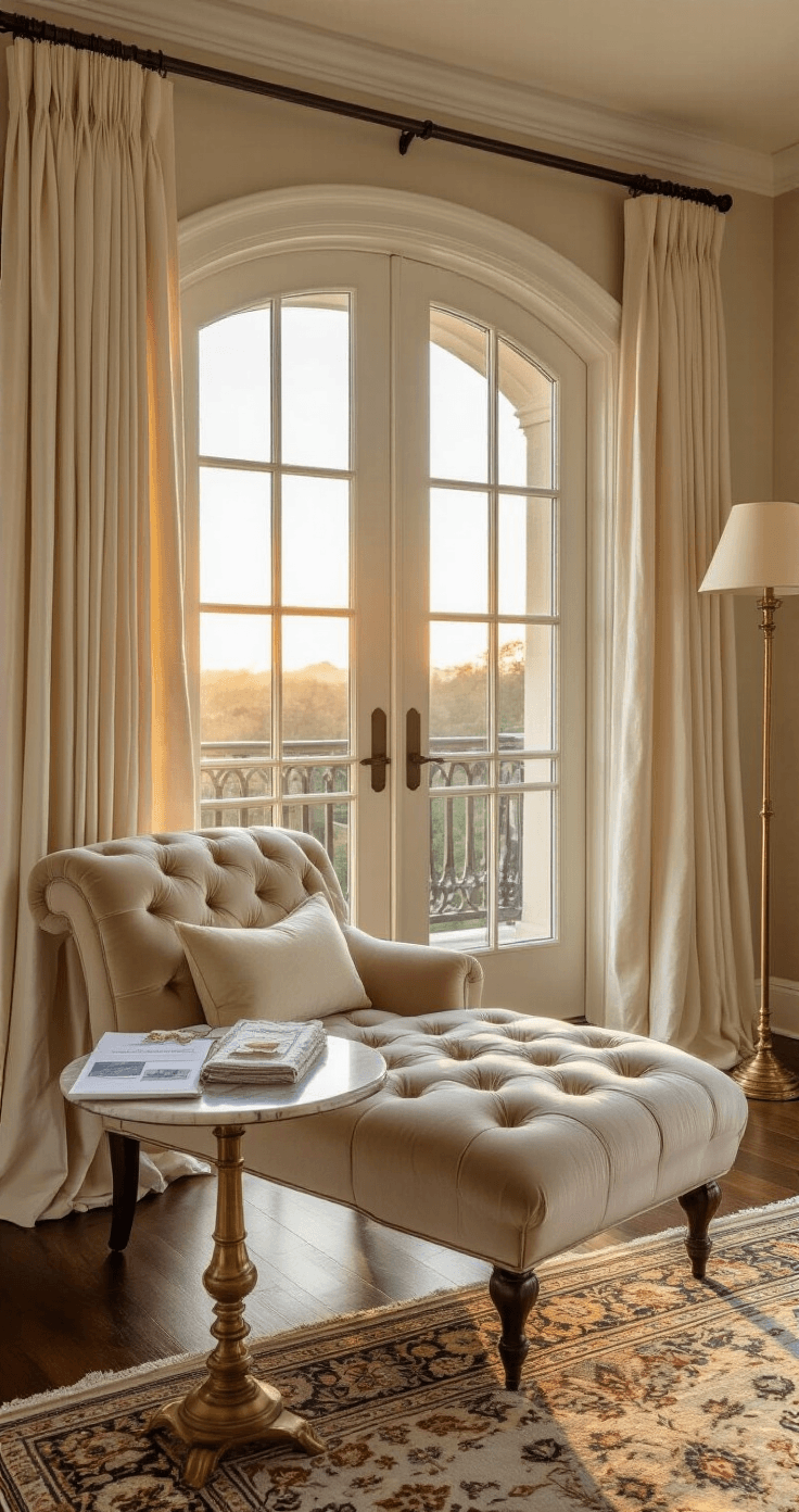 Getting Married Without the Chaos: How to Politely Tell Guests Your Wedding is Adults-Only Luxurious master bedroom sitting area featuring a champagne velvet chaise lounge near French doors, bathed in golden sunset light, with wedding planning materials neatly arranged on a marble side table, cream silk curtains, and a vintage brass floor lamp illuminating a Persian rug in muted jewel tones against soft greige walls.