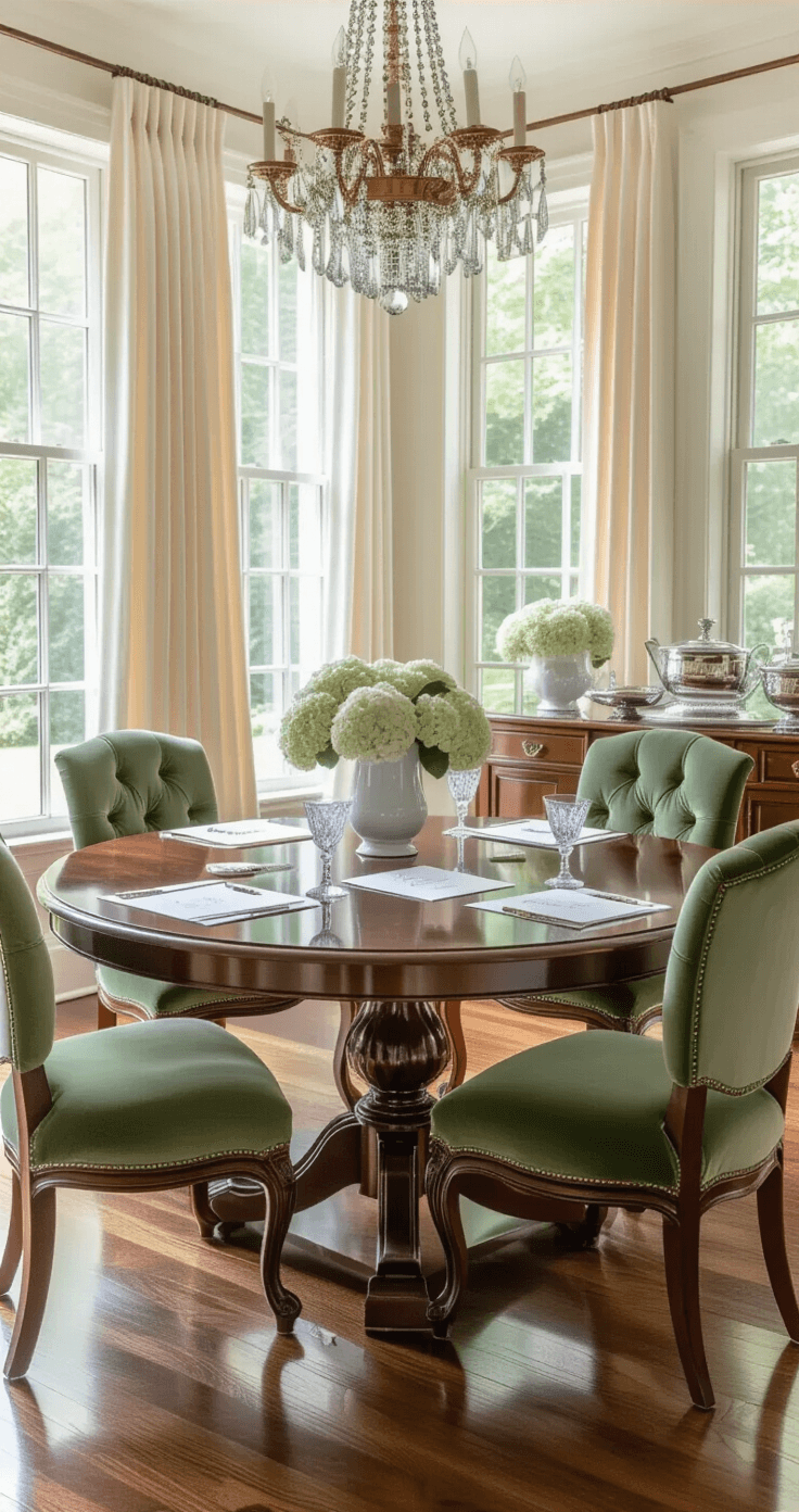 Getting Married Without the Chaos: How to Politely Tell Guests Your Wedding is Adults-Only Elegant formal dining room featuring a mahogany pedestal table set with sage green upholstered chairs, wedding invitation samples, calligraphy exemplars, and wax seal stamps, illuminated by natural light through tall windows with ivory silk panels. A crystal chandelier hangs above, and a sideboard showcases silver serving pieces and fresh hydrangeas, all on honey oak hardwood floors.