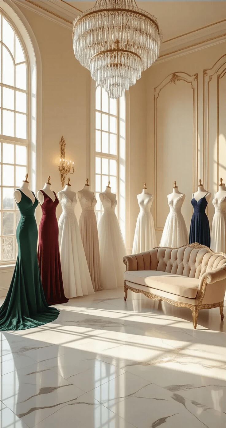 How Non-Traditional Wedding Dresses Are Revolutionizing Bridal Fashion (And Why You Should Consider One) Elegant bridal boutique interior featuring modern non-traditional wedding dresses in bold colors displayed on mannequins, illuminated by warm golden hour light streaming through floor-to-ceiling windows. The scene includes white marble floors, cream-colored walls with brass accents, and a plush champagne velvet settee, with crystal chandeliers enhancing the luxurious atmosphere.