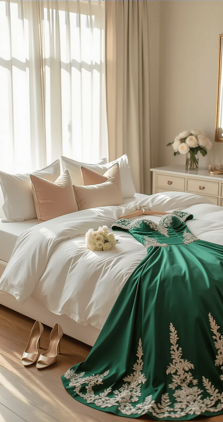 How Non-Traditional Wedding Dresses Are Revolutionizing Bridal Fashion (And Why You Should Consider One) A modern bride's bedroom bathed in soft morning light, showcasing a deep emerald green wedding gown on a king-size bed with crisp white linens, delicate gold jewelry, and a bouquet of white peonies, set against antique wooden floors and contemporary decor.