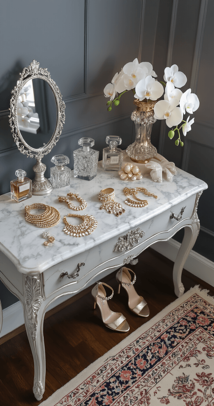How Non-Traditional Wedding Dresses Are Revolutionizing Bridal Fashion (And Why You Should Consider One) An elegant bedroom vanity area featuring statement wedding accessories for non-traditional brides, with a marble-topped antique vanity against charcoal grey walls, showcasing bold jewelry, unconventional metallic shoes, a vintage hand mirror, crystal perfume bottles, and fresh white orchids, all illuminated by soft LED lighting.