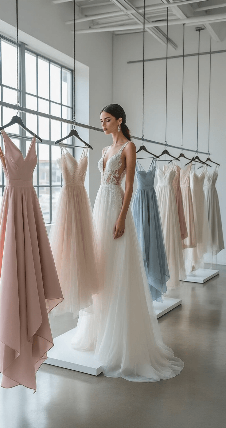 How Non-Traditional Wedding Dresses Are Revolutionizing Bridal Fashion (And Why You Should Consider One) A minimalist designer showroom displays avant-garde short wedding dresses in unconventional colors, showcasing unique designs with asymmetrical hemlines and dramatic sleeves against a bright, even lighting backdrop.