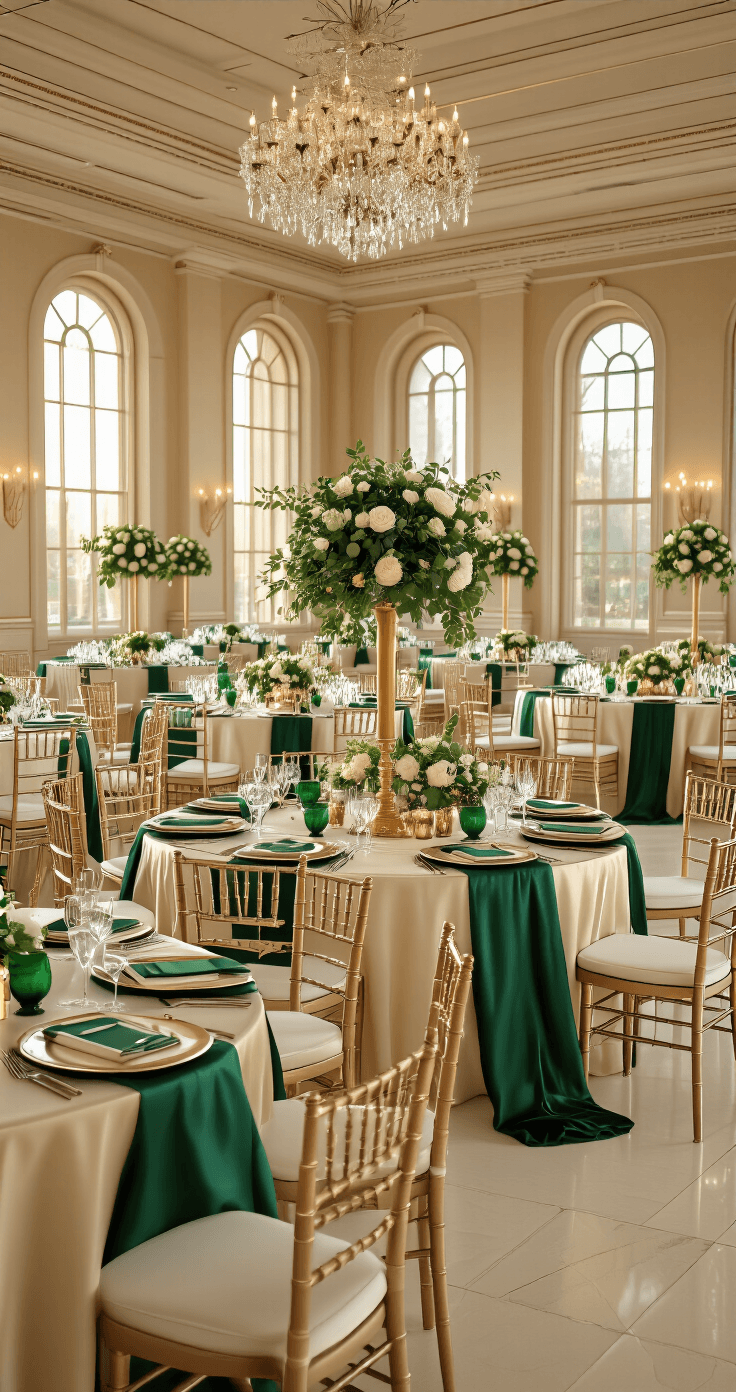 The Ultimate Guide to November Wedding Colors That Will Make Your Special Day Absolutely Stunning Photorealistic image of an elegant ballroom reception with emerald green and gold decor, featuring round ivory-draped tables, chiavari chairs, crystal chandeliers, and warm golden hour light filtering through arched windows, creating a romantic atmosphere.