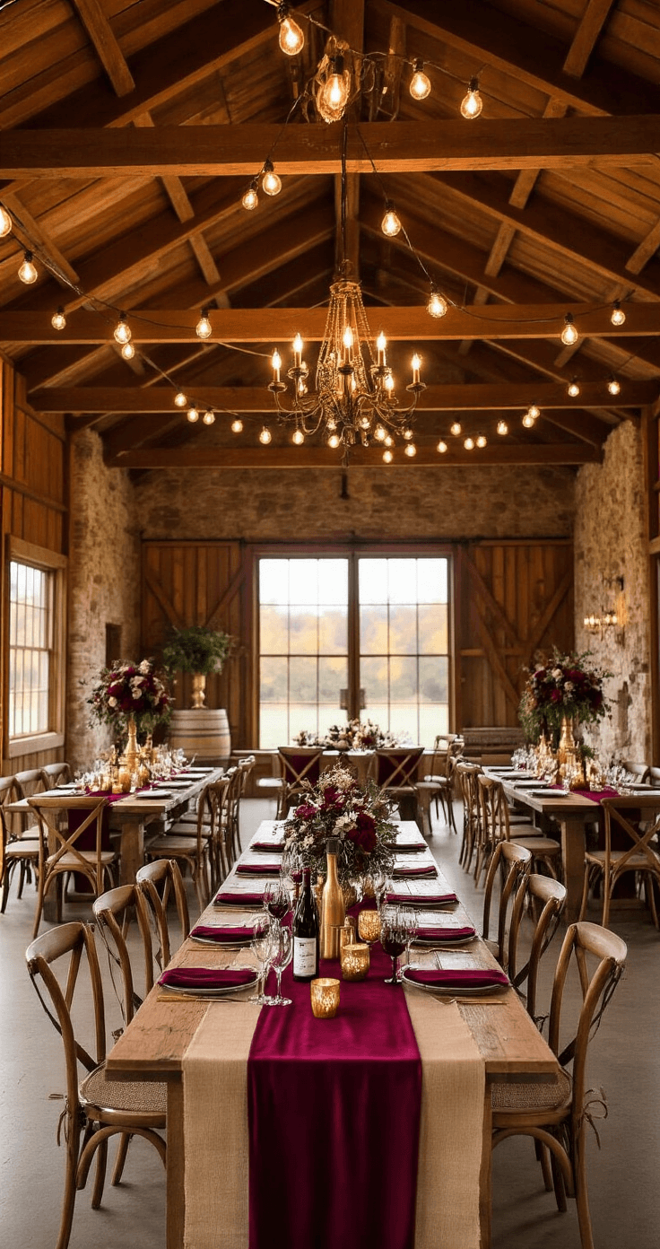 The Ultimate Guide to November Wedding Colors That Will Make Your Special Day Absolutely Stunning A rustic barn wedding reception styled in burgundy and champagne gold, featuring long farmhouse tables with burlap and velvet runners, surrounded by cross-back wooden chairs, under warm amber lighting from Edison bulbs and vintage chandeliers, with floral centerpieces and repurposed wine bottles as candle holders, creating an intimate, cozy atmosphere.