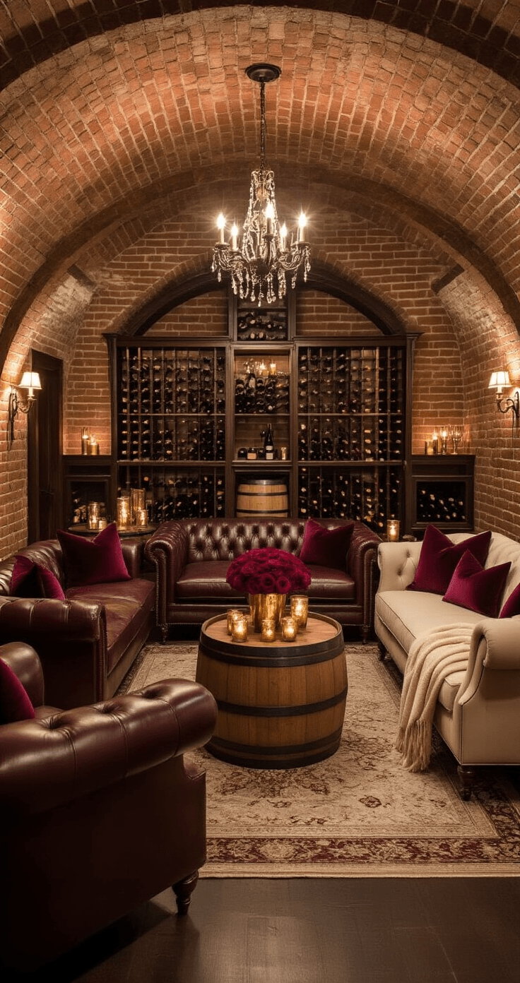 The Ultimate Guide to November Wedding Colors That Will Make Your Special Day Absolutely Stunning Intimate wedding lounge area in a sophisticated wine cellar, featuring vintage leather sofas and cream velvet armchairs arranged around dark wood coffee tables, illuminated by soft candlelight and warm sconces, with deep wine and cream color scheme, exposed brick walls, and wine barrel cocktail tables adorned with burgundy roses and gold accents.