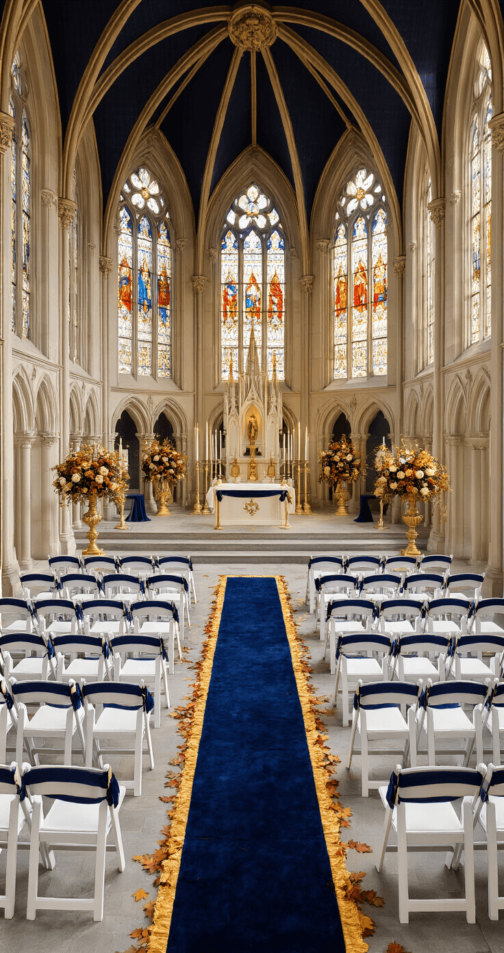 The Ultimate Guide to November Wedding Colors That Will Make Your Special Day Absolutely Stunning Wide shot of an elegant Gothic chapel decorated for a November ceremony, featuring navy blue and gold accents, stained glass windows casting jewel-toned light on the stone floors, white chairs with a velvet aisle runner, and flower arrangements in gold urns, all creating a majestic atmosphere.