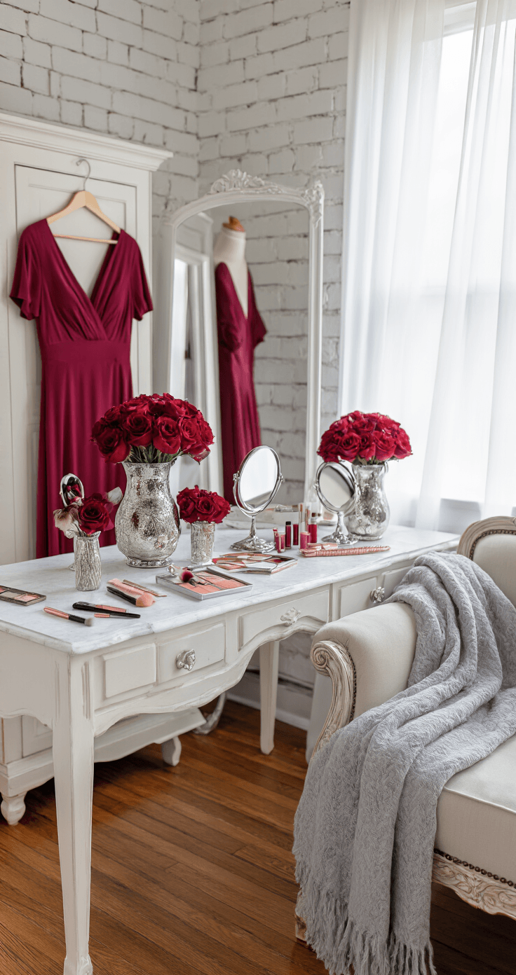 The Ultimate Guide to November Wedding Colors That Will Make Your Special Day Absolutely Stunning Intimate close-up of a November bridal suite in cranberry red and soft grey, featuring a cozy dressing room with white brick walls and hardwood floors, illuminated by natural light. Decor includes an antique white vanity with cranberry roses, a hanging bridesmaid dress, a soft grey throw, and scattered rose gold makeup brushes.