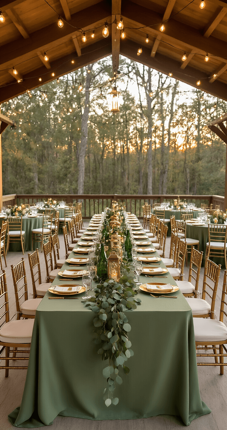 The Ultimate Guide to November Wedding Colors That Will Make Your Special Day Absolutely Stunning Panoramic view of an outdoor November wedding reception under a covered pavilion, showcasing a sage green and gold color palette, with string lights overhead and a natural wooded backdrop. The scene captures the transition from golden hour to twilight, featuring long harvest tables with sage green linens and gold chiavari chairs, adorned with eucalyptus garlands, cream roses, and sage green glass bottles as candleholders, enhanced by ambient market lights and gold-finished lanterns.