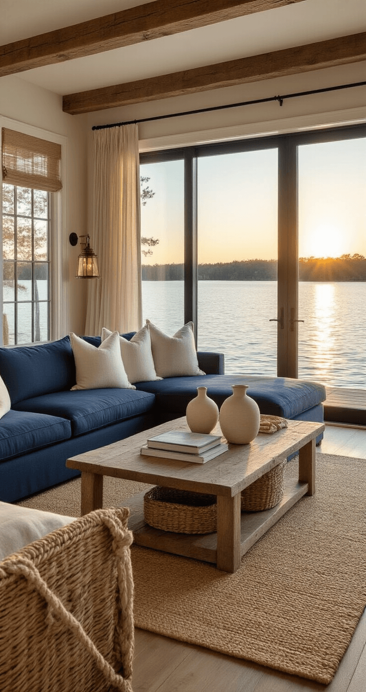 Outdoor Date Ideas That'll Make Your Heart Skip a Beat (And Maybe Your Feet Too) A sophisticated waterfront living room featuring floor-to-ceiling windows overlooking a tranquil lake at golden hour, with a navy blue sectional sofa, driftwood coffee table, and warm natural textures throughout.
