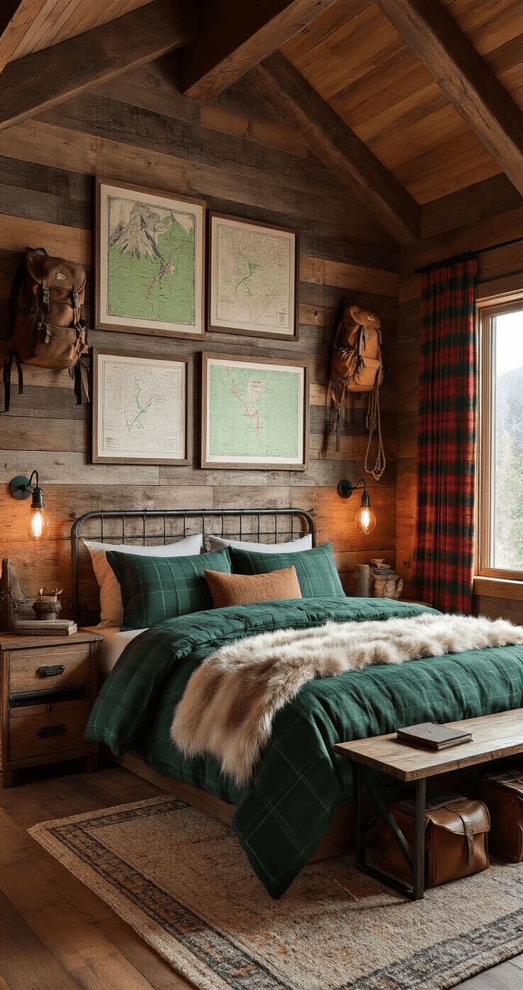 Outdoor Date Ideas That'll Make Your Heart Skip a Beat (And Maybe Your Feet Too) Cozy mountain lodge bedroom featuring rustic decor with reclaimed wood accents, a king-size bed in forest green flannel, vintage hiking gear, and soft morning light filtering through plaid curtains.