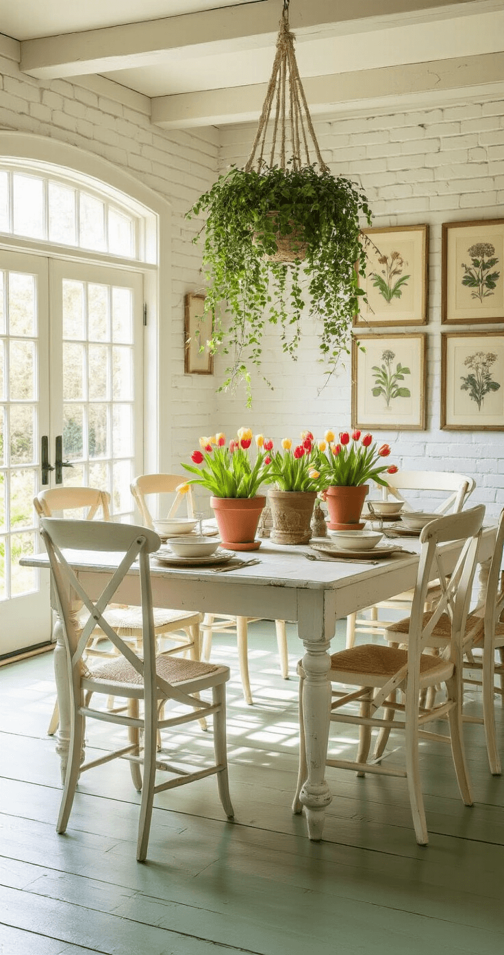 Outdoor Date Ideas That'll Make Your Heart Skip a Beat (And Maybe Your Feet Too) A romantic garden-inspired dining room with whitewashed brick walls, sage green pine floors, and a distressed white farmhouse table adorned with terracotta planters and vintage gardening tools, surrounded by mismatched cream and soft yellow chairs, all bathed in soft afternoon sunlight.