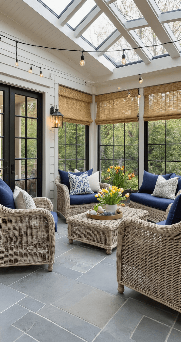 Outdoor Date Ideas That'll Make Your Heart Skip a Beat (And Maybe Your Feet Too) A contemporary seasonal sunroom with slate tile flooring, floor-to-ceiling glass panels, and modern rattan furniture in navy cushions, showcasing seasonal decor and a warm golden hour glow.