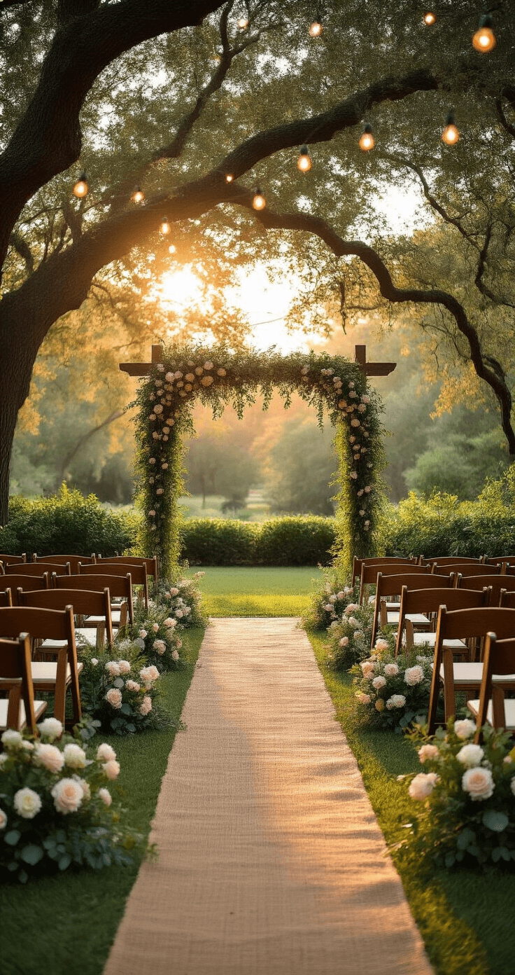 Transform Your Outdoor Wedding Aisle Into Pure Magic: 30+ Stunning Decoration Ideas That'll Make Guests Gasp Aerial view of a photorealistic outdoor wedding ceremony setup in a lush garden, featuring a natural grass aisle adorned with eucalyptus garlands and floral arrangements, illuminated by warm amber sunlight filtering through mature oak trees and enhanced by string lights.