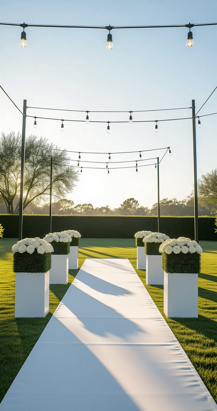 Transform Your Outdoor Wedding Aisle Into Pure Magic: 30+ Stunning Decoration Ideas That'll Make Guests Gasp Modern minimalist outdoor wedding aisle featuring geometric white ceramic planters with white roses and trimmed boxwood hedges, lined along a concrete pathway, with a crisp white fabric runner and overhead market lights, set against a manicured lawn.