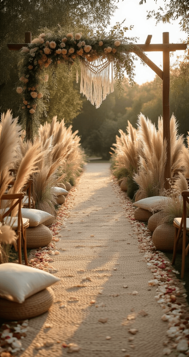 Transform Your Outdoor Wedding Aisle Into Pure Magic: 30+ Stunning Decoration Ideas That'll Make Guests Gasp Bohemian romance wedding aisle at magic hour, featuring tall pampas grass arrangements, macrame plant hangers, and earth-tone accents along a natural pathway, illuminated by warm golden backlighting.