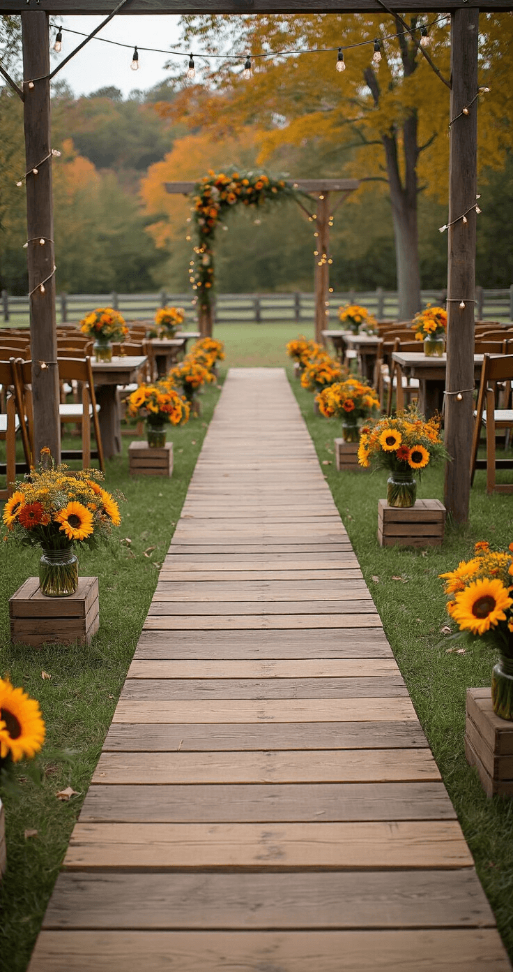Transform Your Outdoor Wedding Aisle Into Pure Magic: 30+ Stunning Decoration Ideas That'll Make Guests Gasp A rustic wooden aisle made of reclaimed barn wood planks, lined with mason jar arrangements of sunflowers and marigolds, illuminated by warm string lights against a pastoral meadow backdrop.