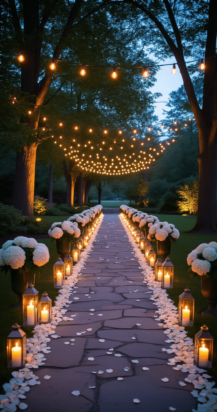 Transform Your Outdoor Wedding Aisle Into Pure Magic: 30+ Stunning Decoration Ideas That'll Make Guests Gasp Evening wedding aisle at twilight with candlelight and string lights, featuring a stone pathway lined with hurricane glass lanterns, overhead string lights between maple trees, and floral arrangements in glass cylinders, creating a romantic and enchanting atmosphere.