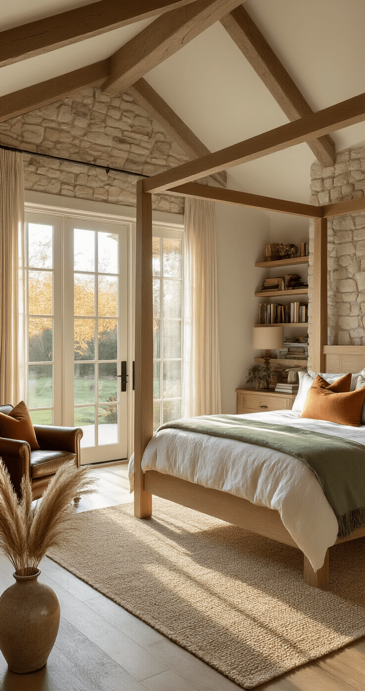 Spacious master bedroom with vaulted ceilings, a king-size four-poster bed against a stone accent wall, golden hour sunlight through French doors, cream linen bedding, a vintage leather armchair, and hardwood floors with a jute rug.