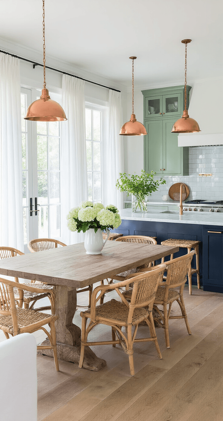 A bright open-concept kitchen and dining area featuring 12-foot ceilings, clerestory windows, honed Carrara marble countertops, navy blue shaker cabinets, and a reclaimed wood dining table with rattan chairs, illuminated by morning light filtering through sheer white curtains.