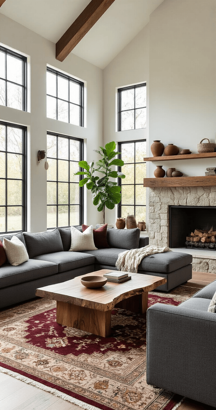 Cozy living room with cathedral ceilings and a stone fireplace, featuring a charcoal gray sectional sofa, a live-edge walnut coffee table, and afternoon sunlight streaming through tall black-framed windows. The space is adorned with wool throw blankets, linen cushions, a vintage Persian rug, built-in floating shelves with ceramic vessels and books, along with potted fiddle leaf figs and snake plants, creating a warm and sophisticated atmosphere.