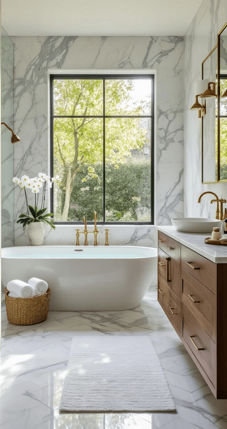 A luxurious bathroom featuring floor-to-ceiling veined Calacatta marble walls, a freestanding soaking tub under a picture window, polished brass fixtures, a walnut wood floating double vanity with vessel sinks, vintage brass mirrors, and a herringbone patterned heated marble floor, all bathed in warm afternoon light.