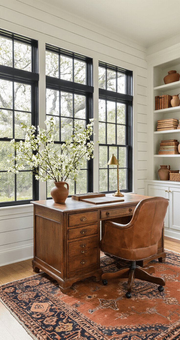 A sunlit home office with shiplap walls, a vintage oak partners desk, casement windows overlooking oak trees, leather desk accessories, brass task lamps, built-in bookshelves filled with vintage books, a rust and navy kilim rug, a cognac brown leather chair, and flowering dogwood branches in a ceramic crock, all captured from the doorway at an angle.
