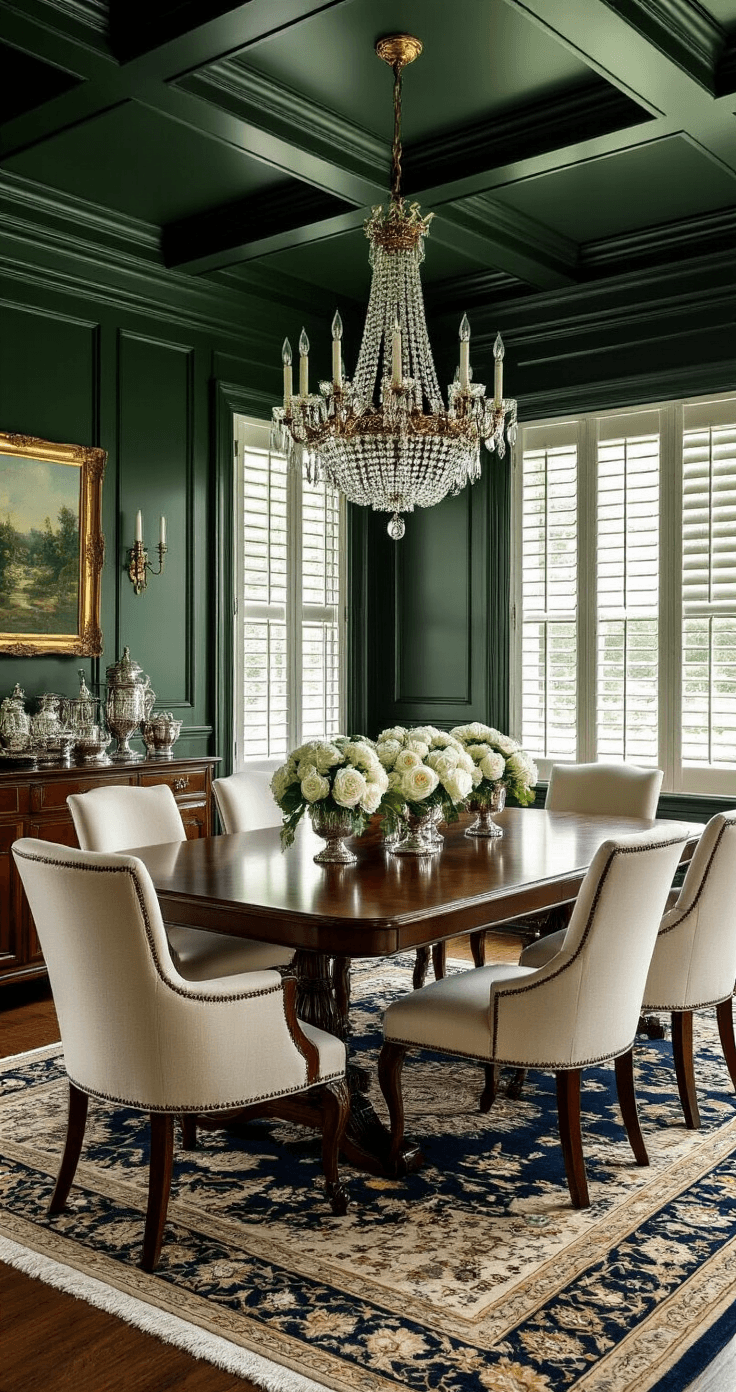 A formal dining room featuring deep forest green coffered ceilings and wainscoting, a mahogany dining table for ten with cream upholstered chairs, a crystal chandelier, and elegant floral centerpieces, illuminated by filtered afternoon light.