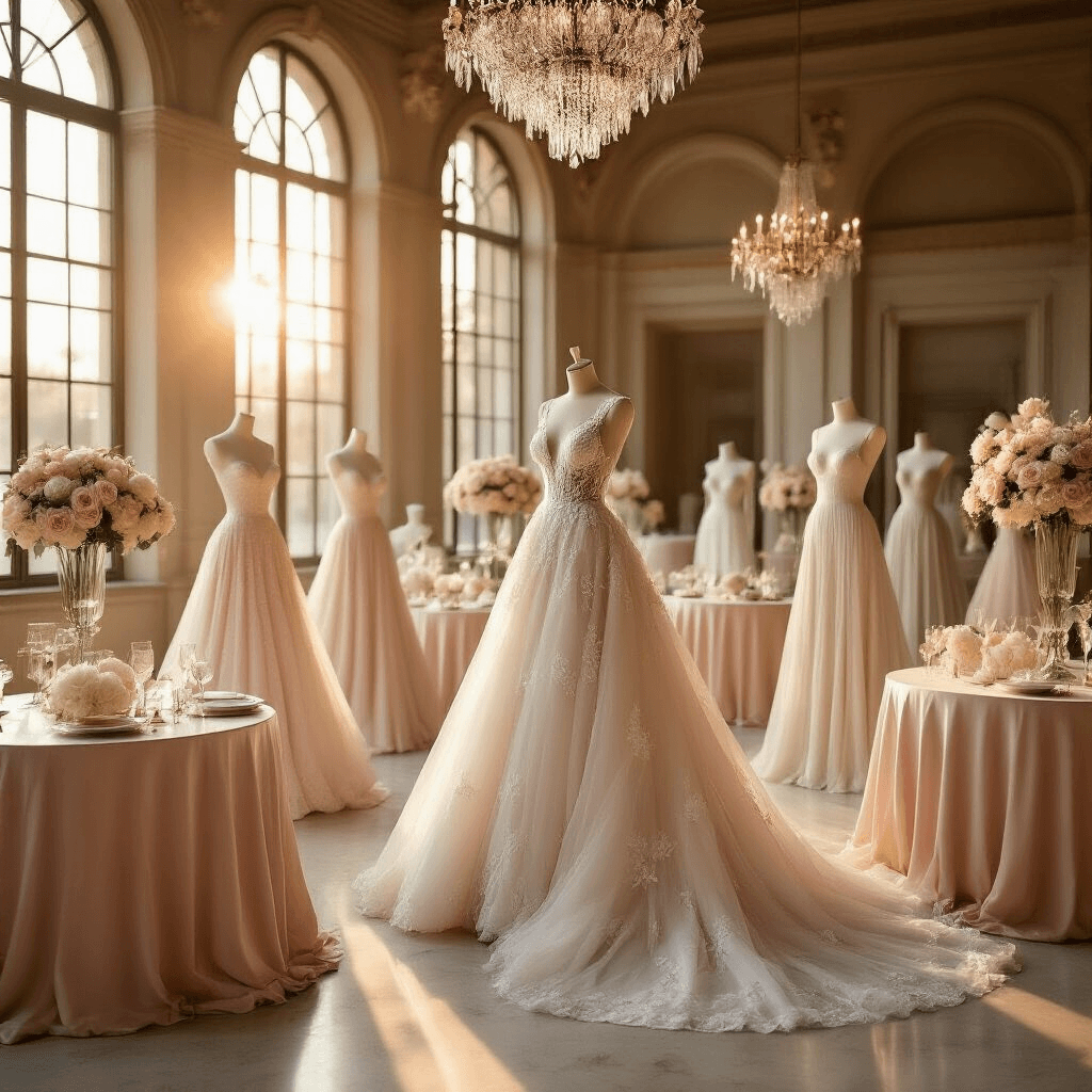 2026 Wedding Dress Trends: My Ultimate Guide to Finding Your Dream Gown Overhead view of an elegant ballroom filled with sculptural wedding dress displays, soft blush pink table linens, tall windows illuminating the space, marble pedestals with intricate lace details, ivory roses, and vintage-inspired design elements.