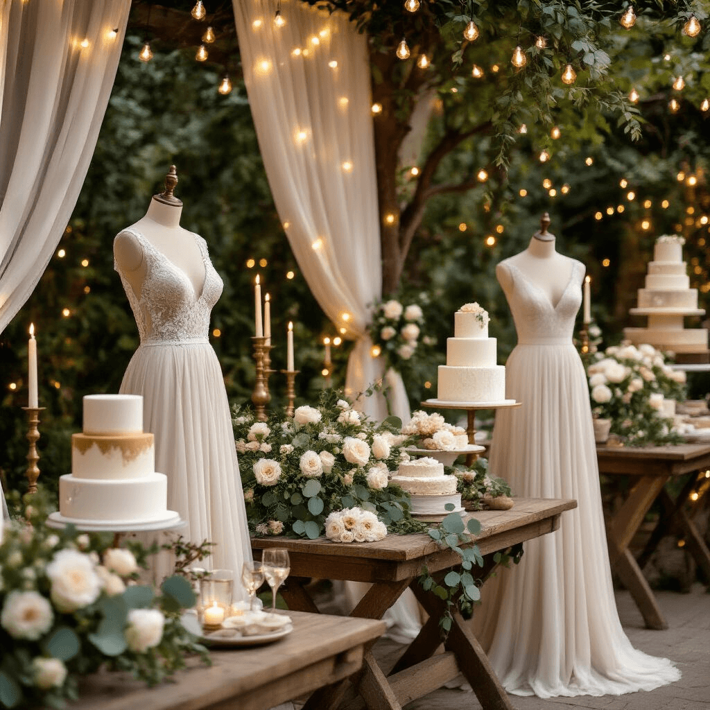 2026 Wedding Dress Trends: My Ultimate Guide to Finding Your Dream Gown Wide-angle view of a candlelit garden venue featuring elegant dress forms displaying convertible wedding dresses, surrounded by tiered cake displays and low floral arrangements, with soft fairy lights and rustic decor elements.