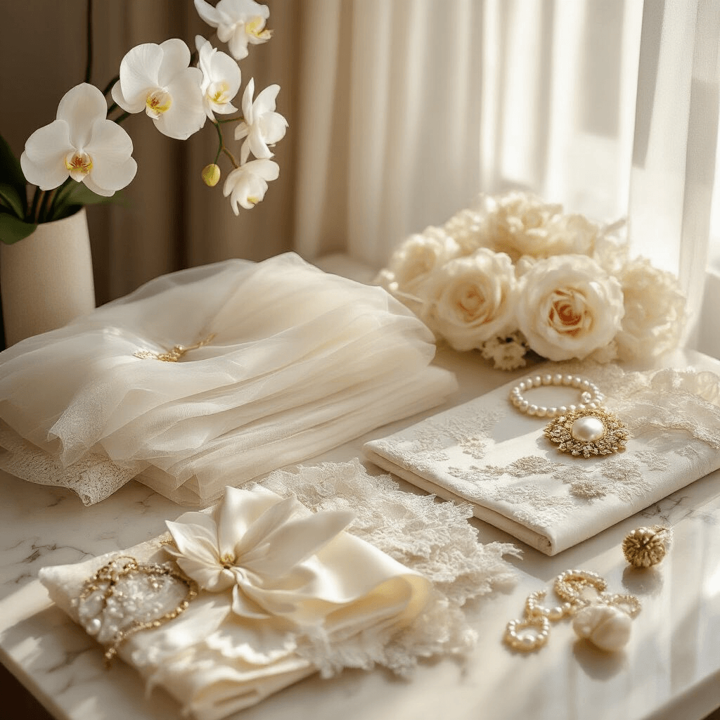 2026 Wedding Dress Trends: My Ultimate Guide to Finding Your Dream Gown Close-up detail of a modern apartment featuring wedding dress fabric samples on a cream marble countertop, illuminated by soft morning light, with white orchids, ivory roses, and vintage jewelry accents.
