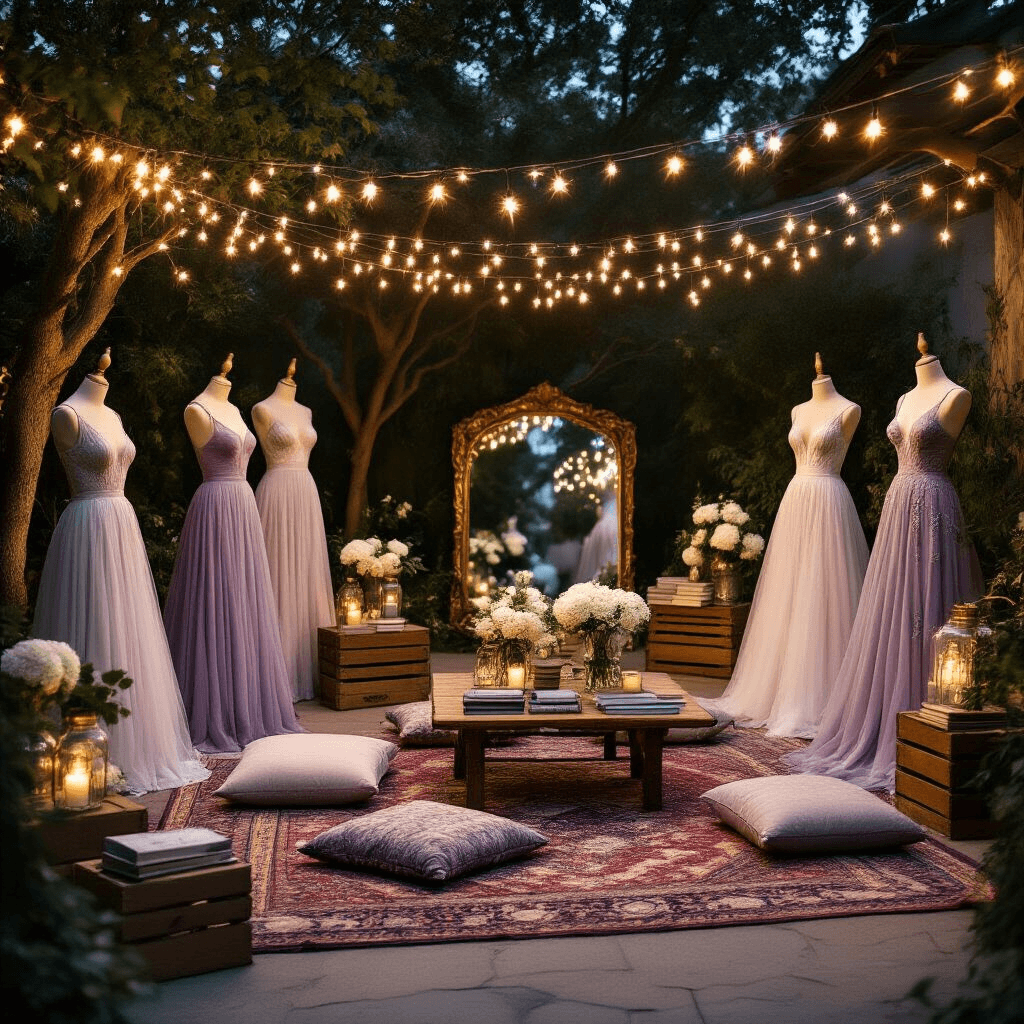 2026 Wedding Dress Trends: My Ultimate Guide to Finding Your Dream Gown A whimsical bridal fashion display in a stylish backyard venue at night, featuring mannequins in A-line gowns and short dresses surrounded by picnic-style tables with floor cushions, illuminated by string lights. Vintage Persian rugs anchor the setup, while wooden crates hold fabric samples. Mason jars with white hydrangeas and silver dollar eucalyptus serve as organic centerpieces, complemented by vintage books, antique mirrors, and custom calligraphy signage highlighting fabric textures and design elements.