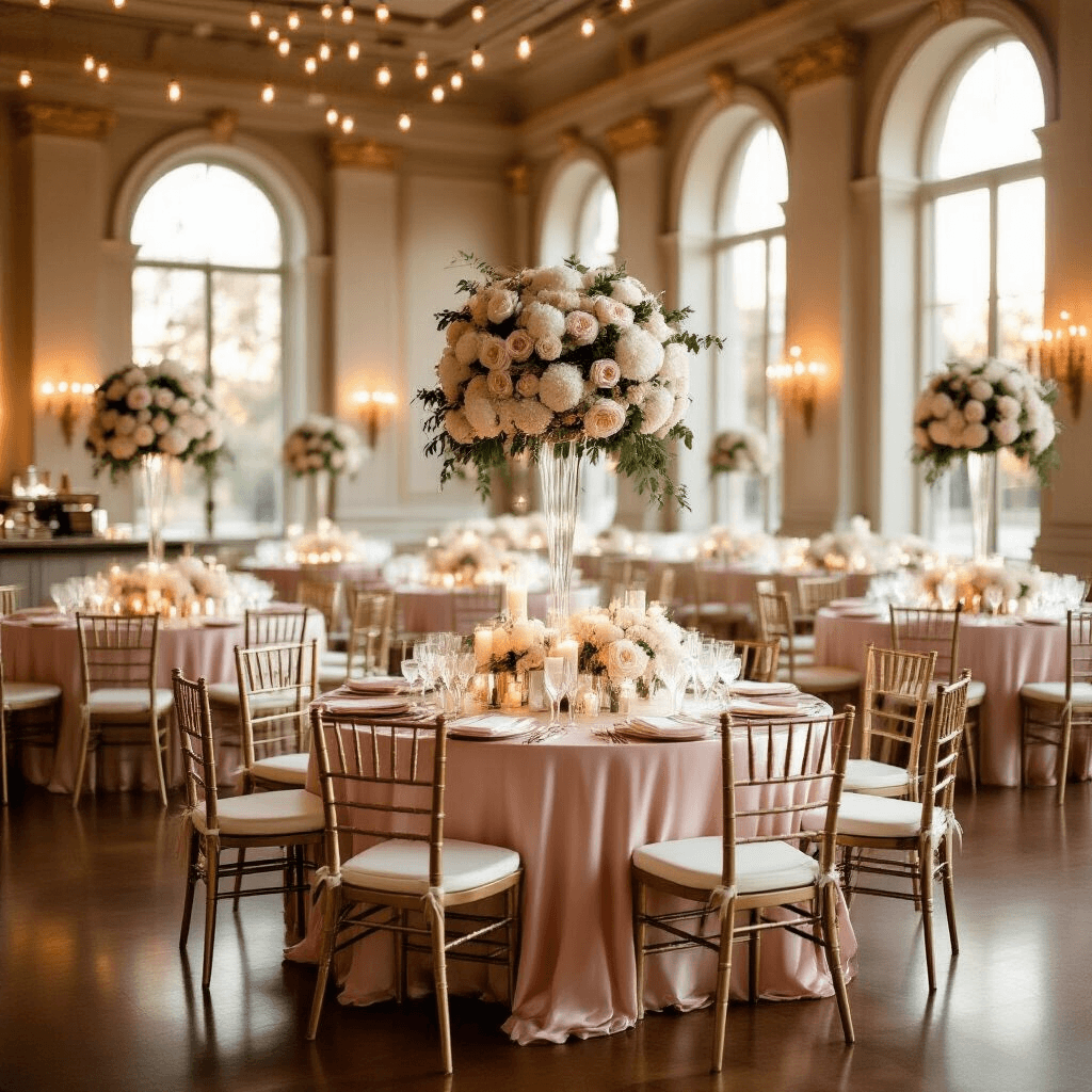 The Complete Guide to Choosing Your Perfect Engagement Ring Wide-angle shot of an elegant engagement party in a ballroom during golden hour, featuring tables with blush pink silk linens, floral centerpieces, flickering candles, tall windows, and string lights, with a champagne bar against brick walls adorned with greenery.